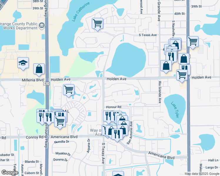 map of restaurants, bars, coffee shops, grocery stores, and more near 4713 South Texas Avenue in Orlando