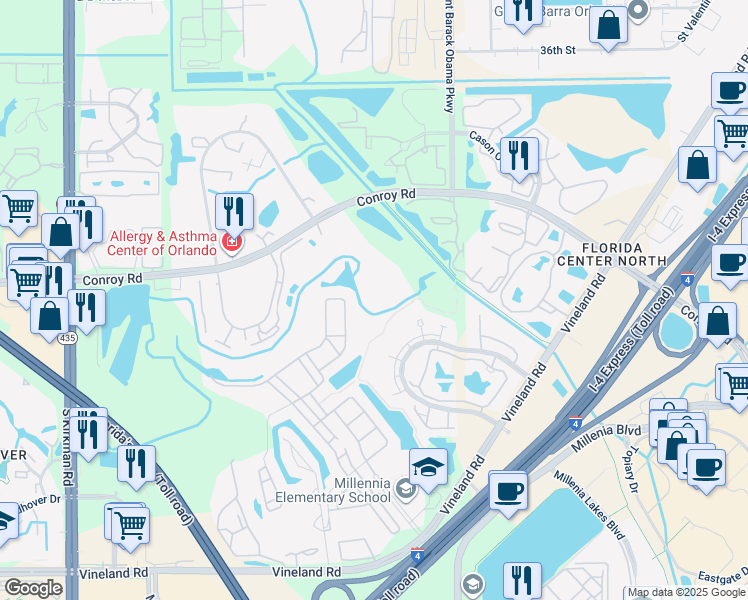 map of restaurants, bars, coffee shops, grocery stores, and more near 5148 Conroy Road in Orlando