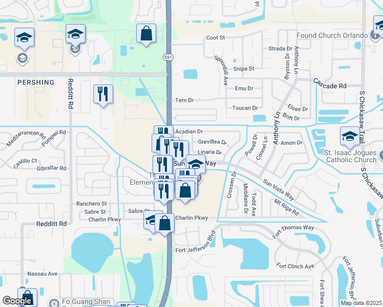 map of restaurants, bars, coffee shops, grocery stores, and more near 7700 Linaria Drive in Orlando