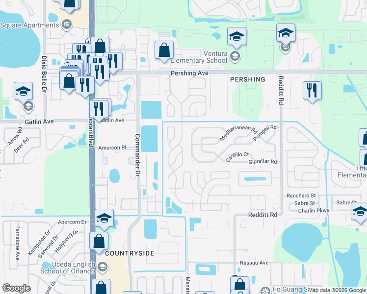 map of restaurants, bars, coffee shops, grocery stores, and more near 6680 Pompeii Road in Orlando