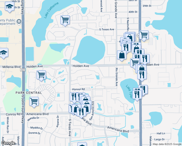 map of restaurants, bars, coffee shops, grocery stores, and more near 4767 South Texas Avenue in Orlando