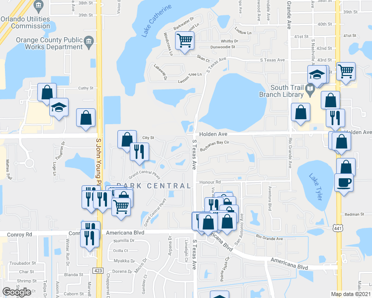 map of restaurants, bars, coffee shops, grocery stores, and more near 5100 Park Central Drive in Orlando