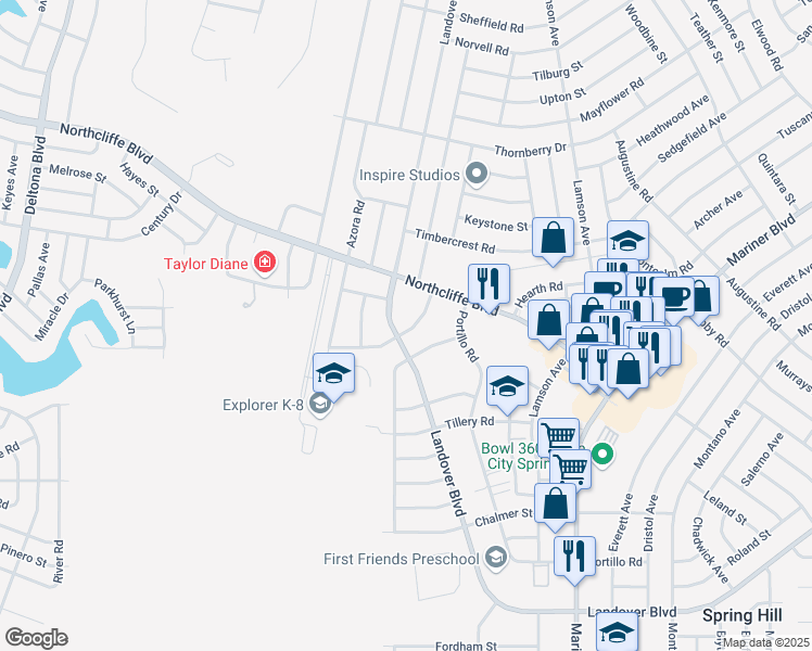 map of restaurants, bars, coffee shops, grocery stores, and more near 4385 Millwood Road in Spring Hill