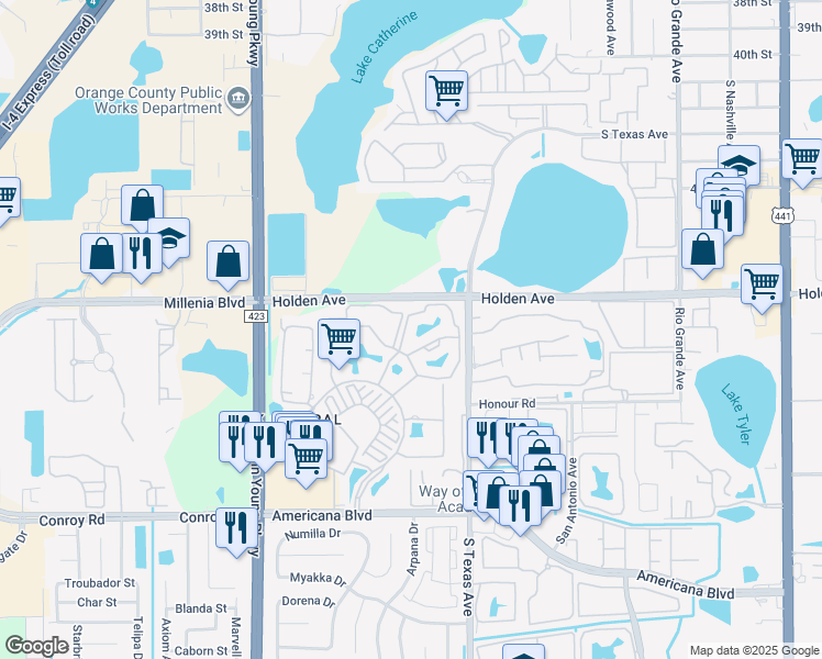 map of restaurants, bars, coffee shops, grocery stores, and more near 2226 Metropolitan Way in Orlando