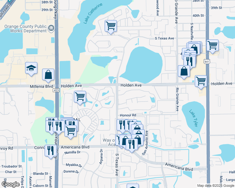 map of restaurants, bars, coffee shops, grocery stores, and more near 4753 South Texas Avenue in Orlando