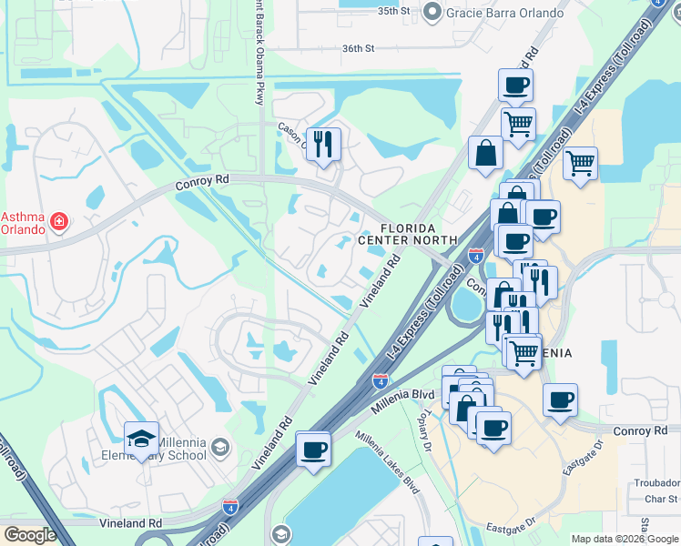 map of restaurants, bars, coffee shops, grocery stores, and more near 4732 Olive Branch Road in Orlando
