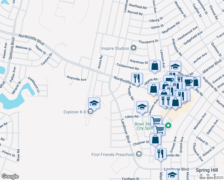map of restaurants, bars, coffee shops, grocery stores, and more near 4367 Millwood Road in Spring Hill