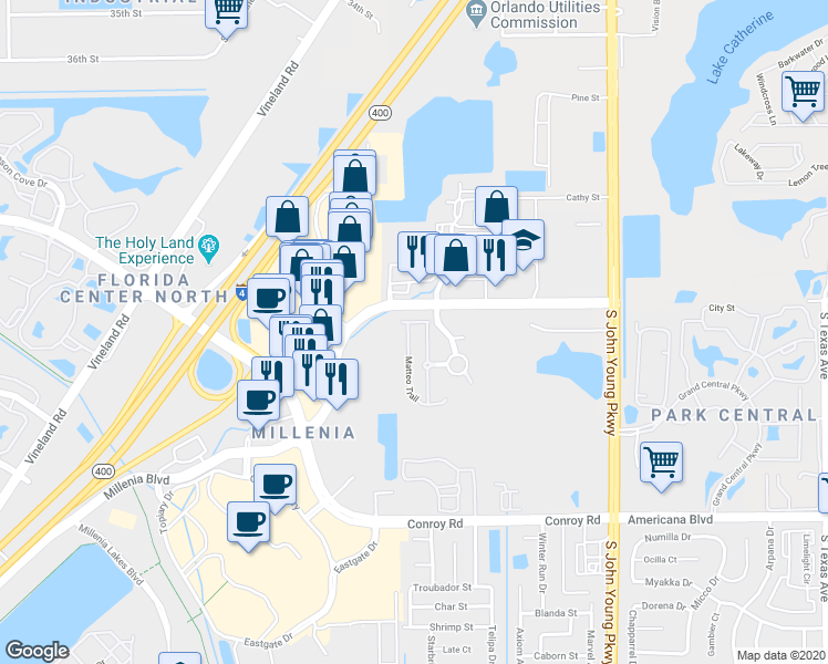 map of restaurants, bars, coffee shops, grocery stores, and more near 4813 Matteo Trail in Orlando