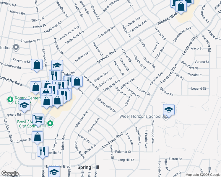 map of restaurants, bars, coffee shops, grocery stores, and more near 4292 Dristol Avenue in Spring Hill