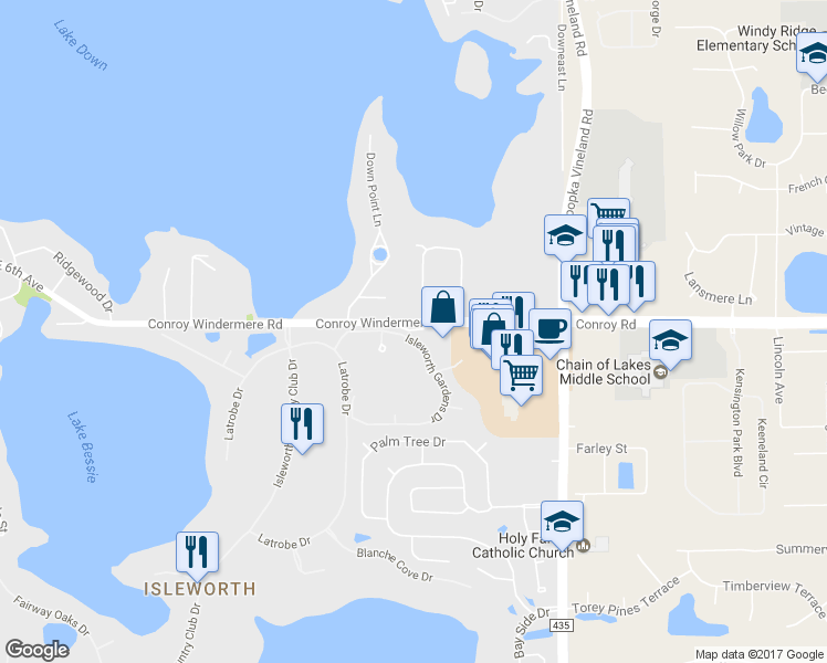 map of restaurants, bars, coffee shops, grocery stores, and more near 9350 Conroy Windermere Road in Windermere