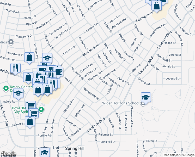 map of restaurants, bars, coffee shops, grocery stores, and more near 4316 Montano Avenue in Spring Hill
