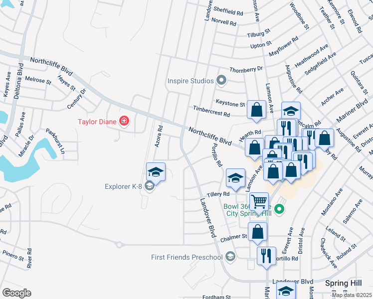 map of restaurants, bars, coffee shops, grocery stores, and more near 4371 Millwood Road in Spring Hill