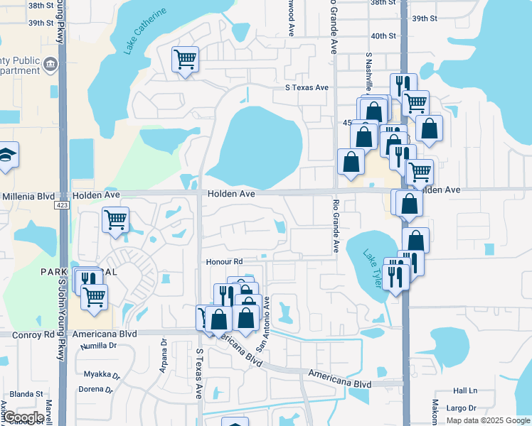 map of restaurants, bars, coffee shops, grocery stores, and more near 4747 South Texas Avenue in Orlando