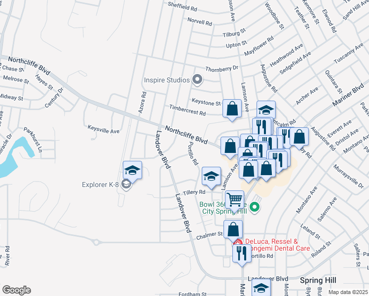 map of restaurants, bars, coffee shops, grocery stores, and more near 4223 Portillo Road in Spring Hill