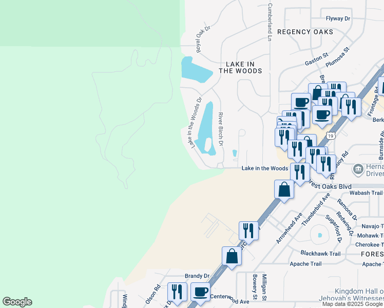 map of restaurants, bars, coffee shops, grocery stores, and more near 4445 Lake in the Woods Drive in Spring Hill