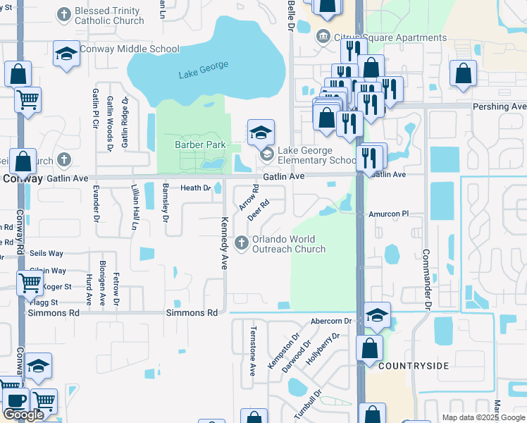 map of restaurants, bars, coffee shops, grocery stores, and more near 4717 Arrow Road in Orlando