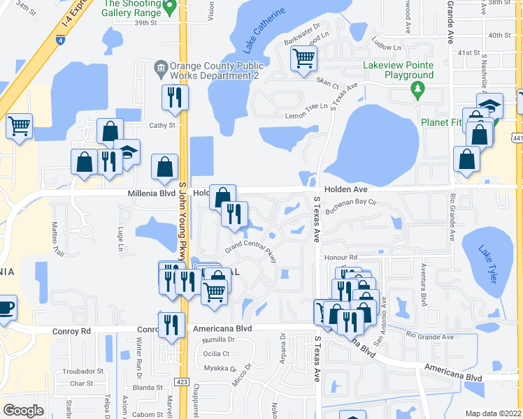 map of restaurants, bars, coffee shops, grocery stores, and more near 5029 City Street in Orlando