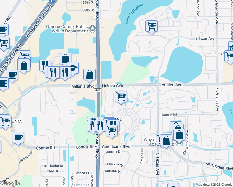 map of restaurants, bars, coffee shops, grocery stores, and more near 5102 Wellington Park Circle in Orlando