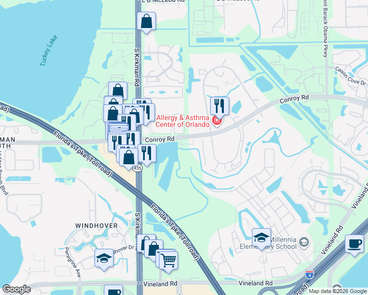 map of restaurants, bars, coffee shops, grocery stores, and more near 5403 Pine Creek Drive in Orlando