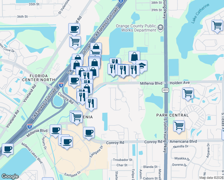 map of restaurants, bars, coffee shops, grocery stores, and more near 4809 Matteo Trail in Orlando