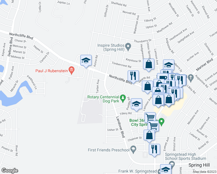 map of restaurants, bars, coffee shops, grocery stores, and more near 4379 Millwood Road in Spring Hill