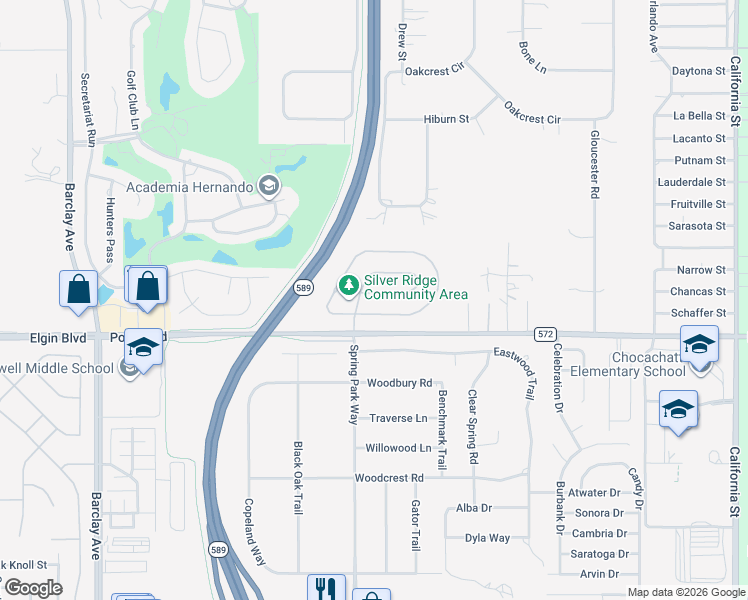 map of restaurants, bars, coffee shops, grocery stores, and more near 15096 Copper Loop in Brooksville