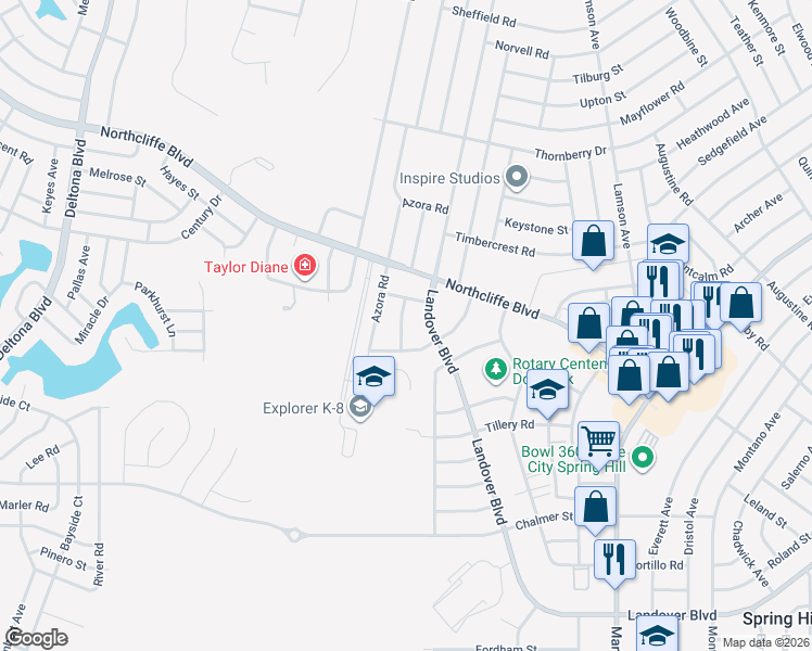 map of restaurants, bars, coffee shops, grocery stores, and more near 4330 Azora Road in Spring Hill