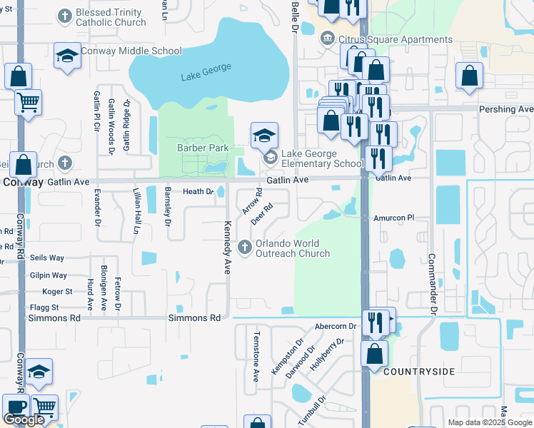 map of restaurants, bars, coffee shops, grocery stores, and more near 4717 Arrow Road in Orlando