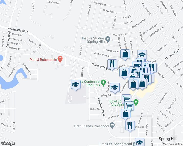 map of restaurants, bars, coffee shops, grocery stores, and more near 4383 Millwood Road in Spring Hill