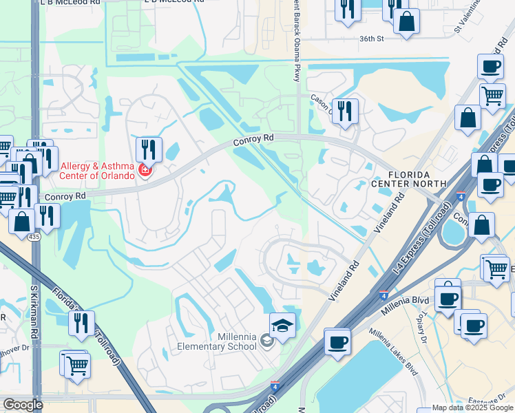 map of restaurants, bars, coffee shops, grocery stores, and more near 5132 Conroy Road in Orlando