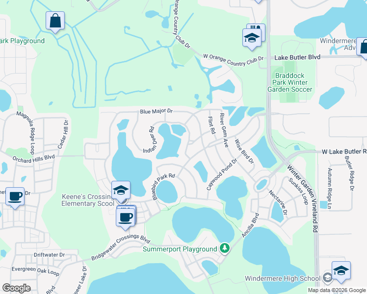map of restaurants, bars, coffee shops, grocery stores, and more near 4926 Indian Deer Road in Windermere