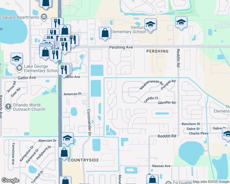 map of restaurants, bars, coffee shops, grocery stores, and more near 2814 Silver Spur Lane in Orlando