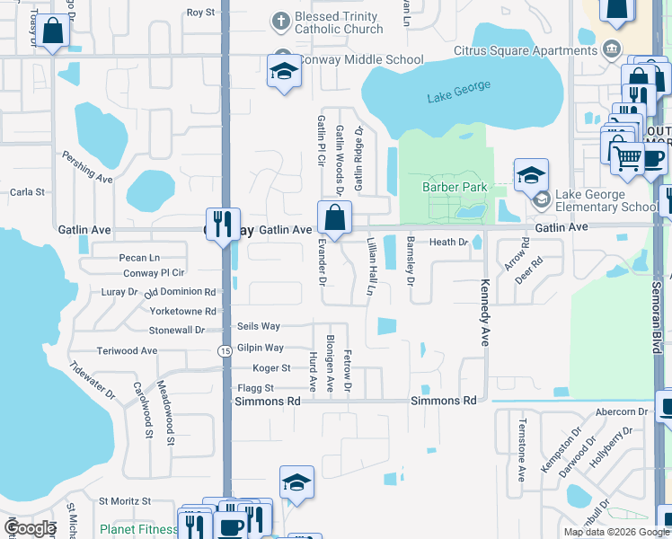 map of restaurants, bars, coffee shops, grocery stores, and more near 4014 Bounce Drive in Orlando