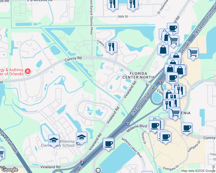 map of restaurants, bars, coffee shops, grocery stores, and more near 4715-4737 Emerald Forest Way in Orlando