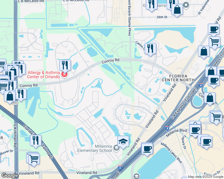 map of restaurants, bars, coffee shops, grocery stores, and more near 5144 Conroy Road in Orlando