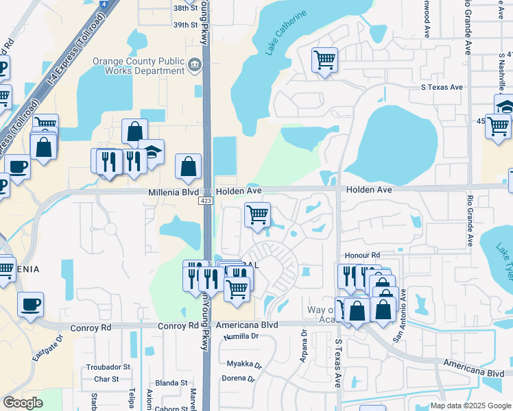 map of restaurants, bars, coffee shops, grocery stores, and more near 5055 City Street in Orlando