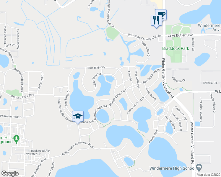 map of restaurants, bars, coffee shops, grocery stores, and more near 4666 Indian Deer Road in Windermere