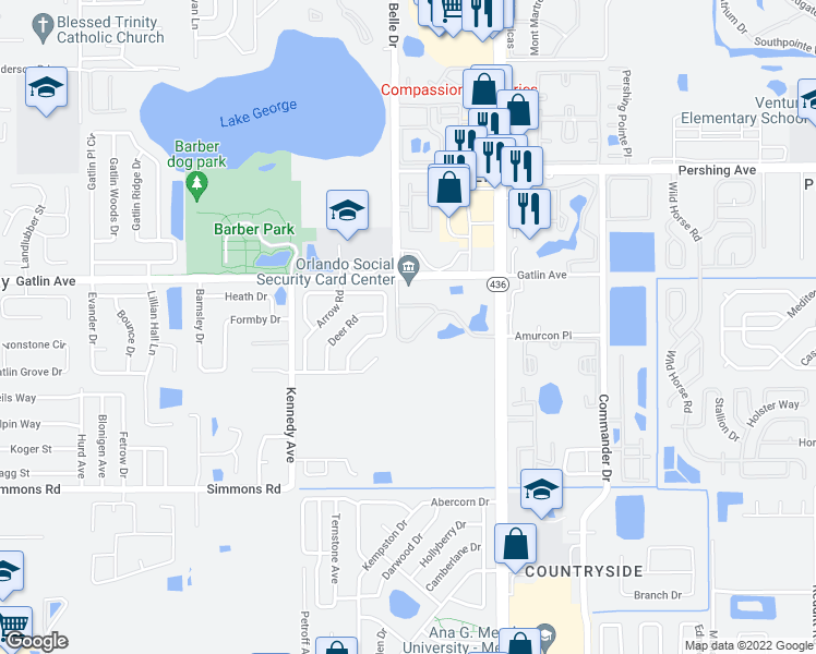 map of restaurants, bars, coffee shops, grocery stores, and more near 4846 South Semoran Boulevard in Orlando