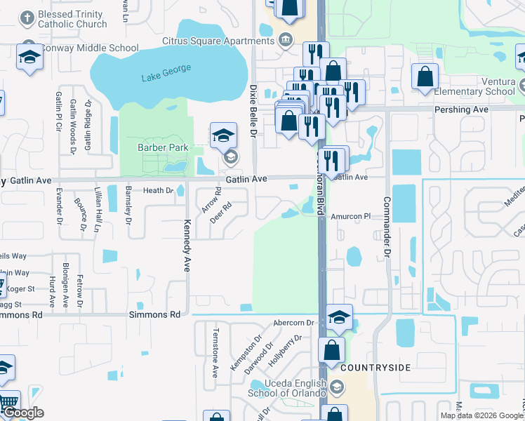 map of restaurants, bars, coffee shops, grocery stores, and more near 4850 South Semoran Boulevard in Orlando