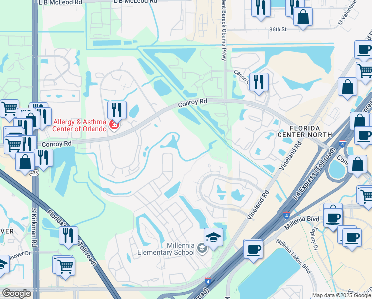 map of restaurants, bars, coffee shops, grocery stores, and more near 5132 Conroy Road in Orlando