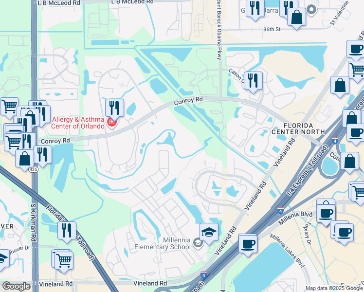 map of restaurants, bars, coffee shops, grocery stores, and more near 5152 Conroy Road in Orlando
