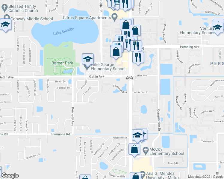 map of restaurants, bars, coffee shops, grocery stores, and more near 4846 South Semoran Boulevard in Orlando