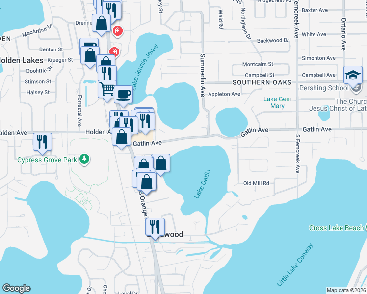 map of restaurants, bars, coffee shops, grocery stores, and more near 630 Gatlin Avenue in Orlando