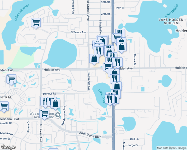 map of restaurants, bars, coffee shops, grocery stores, and more near 1448 Holden Avenue in Orlando