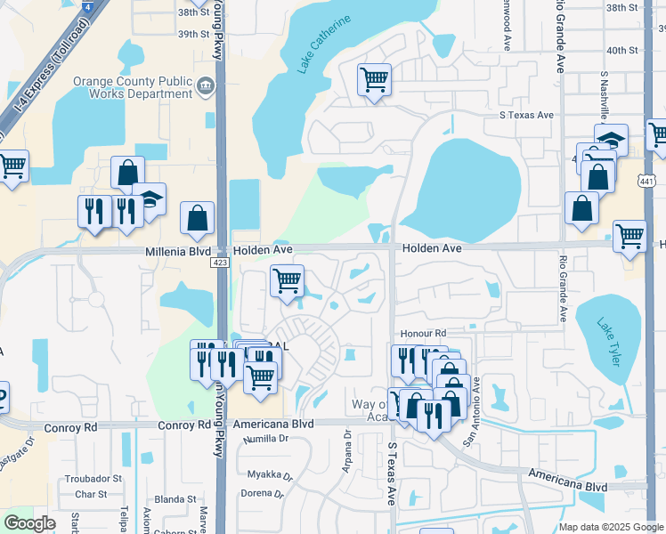 map of restaurants, bars, coffee shops, grocery stores, and more near 5029 City Street in Orlando