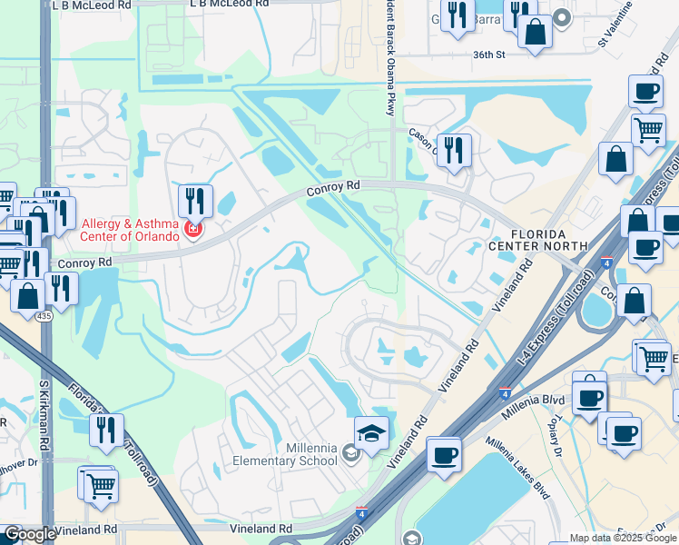 map of restaurants, bars, coffee shops, grocery stores, and more near 5132 Conroy Road in Orlando