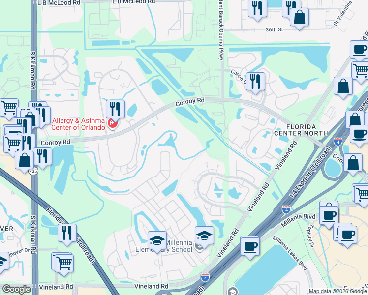 map of restaurants, bars, coffee shops, grocery stores, and more near 5132 Conroy Road in Orlando