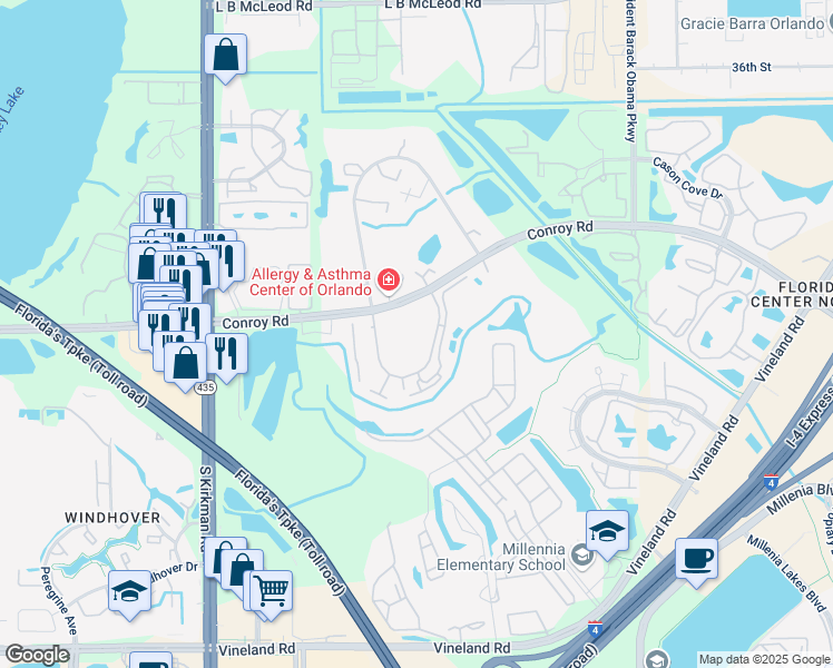 map of restaurants, bars, coffee shops, grocery stores, and more near 4865 Cypress Woods Drive in Orlando