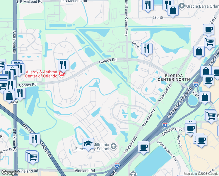 map of restaurants, bars, coffee shops, grocery stores, and more near 5132 Conroy Road in Orlando