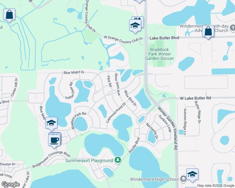 map of restaurants, bars, coffee shops, grocery stores, and more near 4902 River Gem Avenue in Windermere
